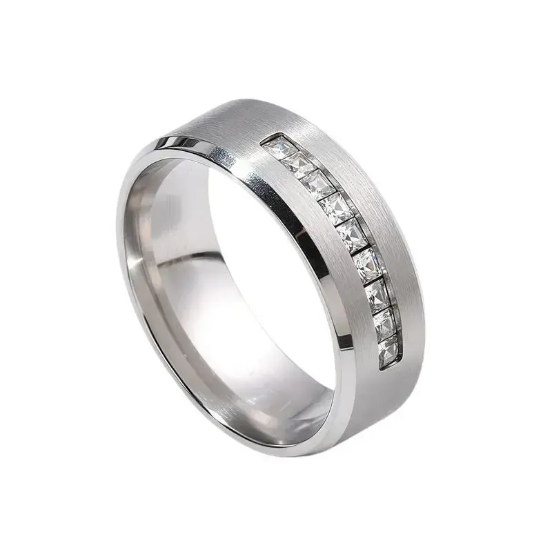 Men's Titanium Beveled Edge Ring, Satin Finish Wedding Band with Channel-Set Princess-Cut CZ, Hypoallergenic for Sensitive Skin, Anniversary Gift