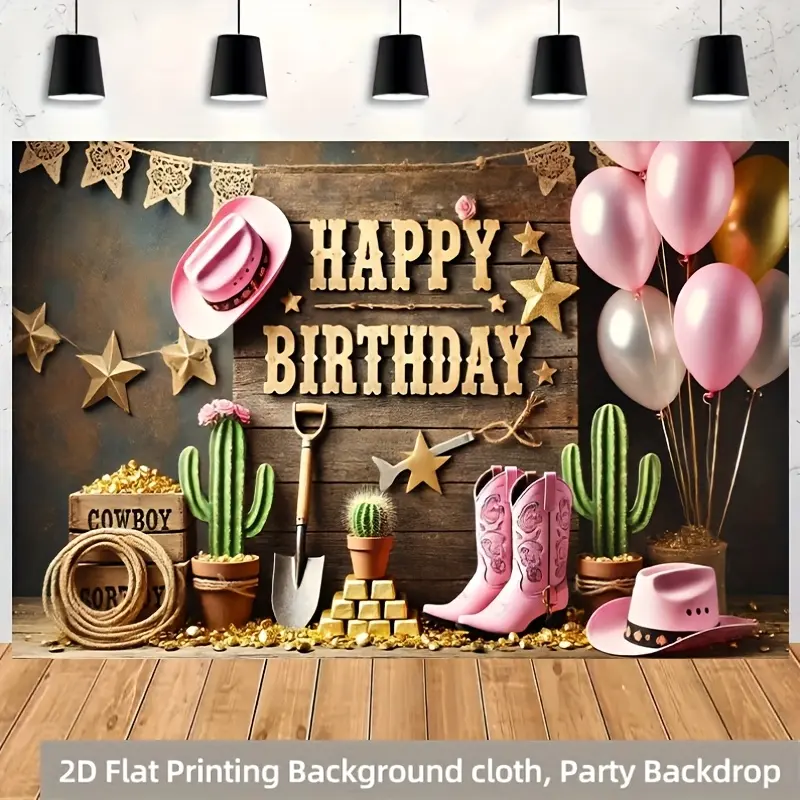 2D Flat Banner, Decorative Banner, Western Cowboy Theme Birthday Background, Polyester Photography Backdrop, Home Garden Yard Anniversary Party Decor, Polyester Fabric Backdrop, Photo Backdrops
