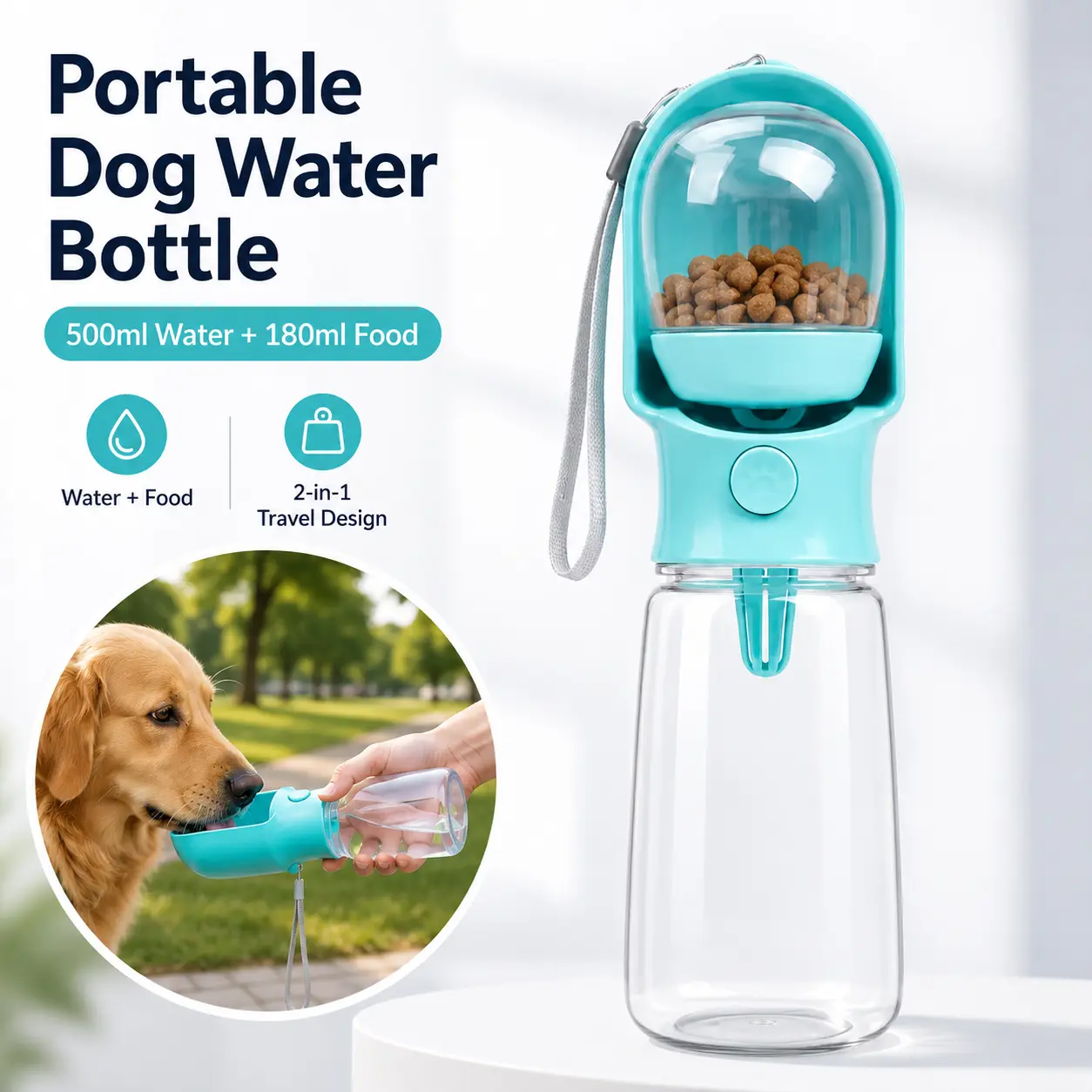 2-in-1 Portable Dog & Cat Hydration Feed Bottle Set - 500ml Water Dispenser, 180ml Food Container with Easy Access, Conveniently Stores Food, Carry Strap, Pet Pill Pusher for Walking, Hiking