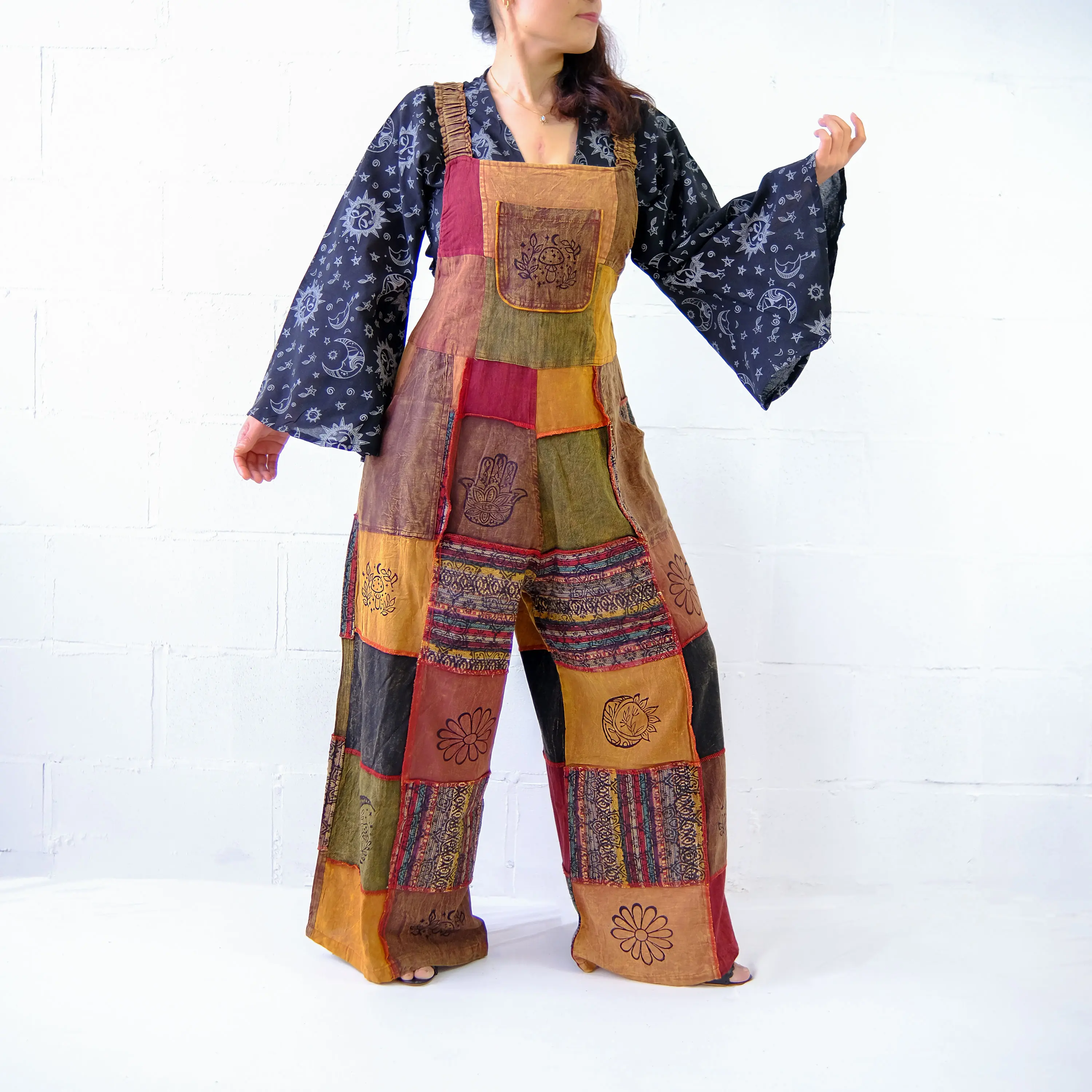 Patchwork Wide Leg Cotton Jumpsuit, Handmade Baggy Overalls, Boho Hippie Dungarees, Block Print, Plus Size, Flowy Jumper, XS-3X, Bohemian Jumpsuit, Summer Jumpsuit, Earth tone Whimsical Romper, Festival Jumper, Bohemian Outfit