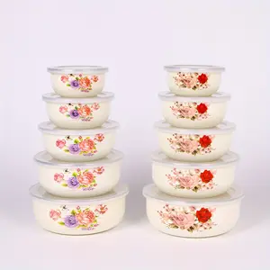 5Pcs enamel multi-functional sealed fruit and vegetable crisper set, portable lunch box, instant noodle bowl, refrigerator crisper storage bowl, food storage container, restaurant home kitchen, office school lunch, picnic camping, Bowl with Lid