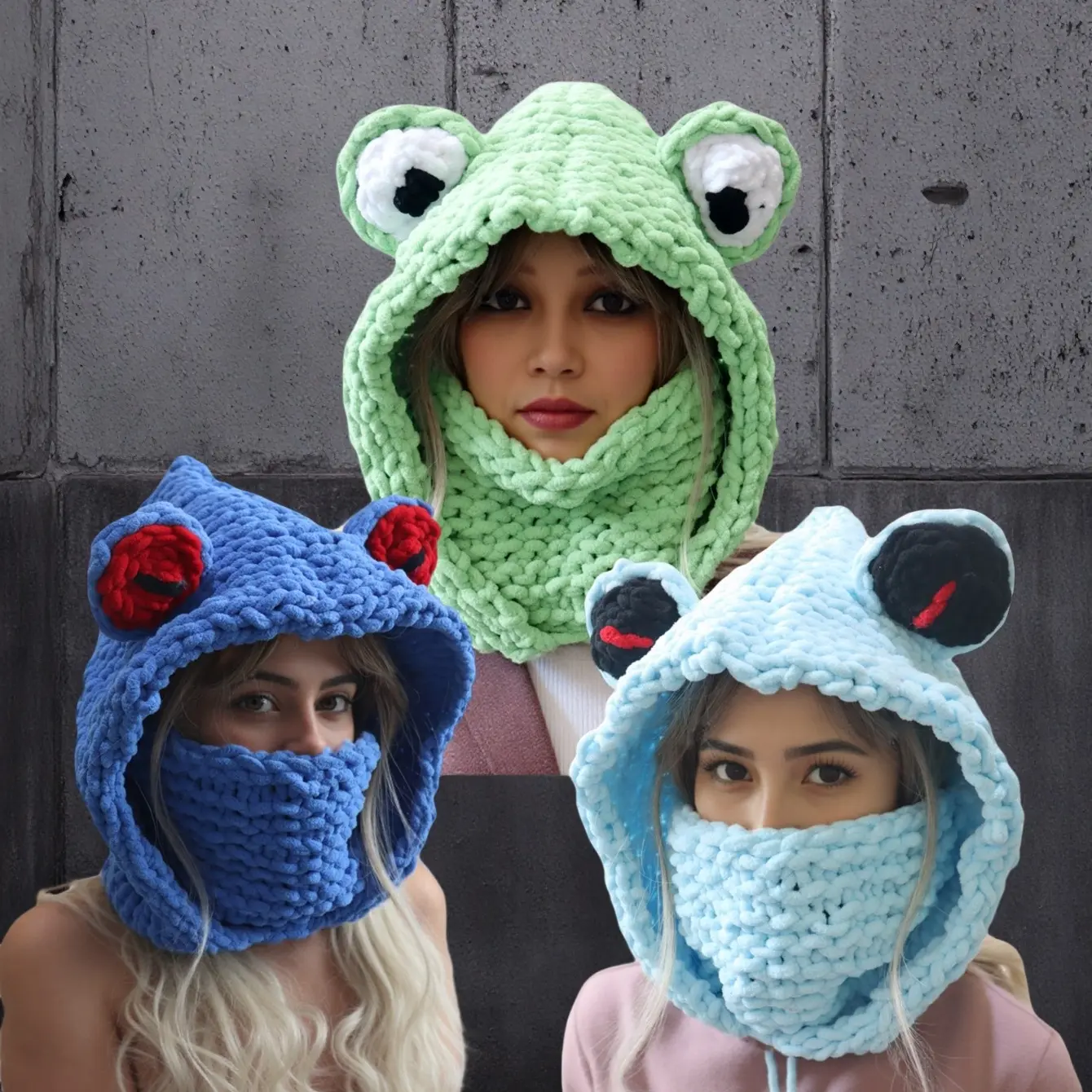 Handmade Chunky Knit Frog Balaclava with Face Cover, Cute Animal Hood Ski Mask, Y2K Colorful Winter Beanie, Viral Funny Headwear for Women & Men