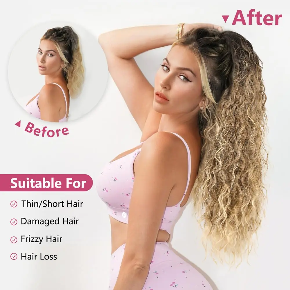 Summervibes hair extension synthetic hairpiece Long Ponytail Extension Claw Upgrade 30inch Ombre Black Root with Blonde Curly Clip in Hair Extensions Fluffy Natural Looking Synthetic Hairpieces for Women Easy to Use Loose Curly