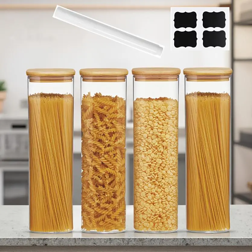 Clear Glass Food Storage Jar with Lid, Glass Canisters, Grain Storage Jar, Household Cereal Container, 2 Counts/4 Counts Food Storage Container, Kitchen Storage Jar for Pasta, Cookie, Nuts, Coffee, Cereal, Snack Containers, Glass Jars