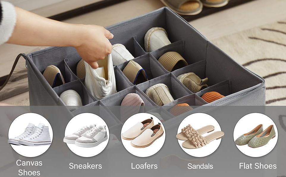 Shoe Organizer for Closet, Shoe Storage Bin, Fits 16 Pairs, Fabric Container with Handles and Clear Cover, Adjustable Dividers, Customizable, Dove Gray