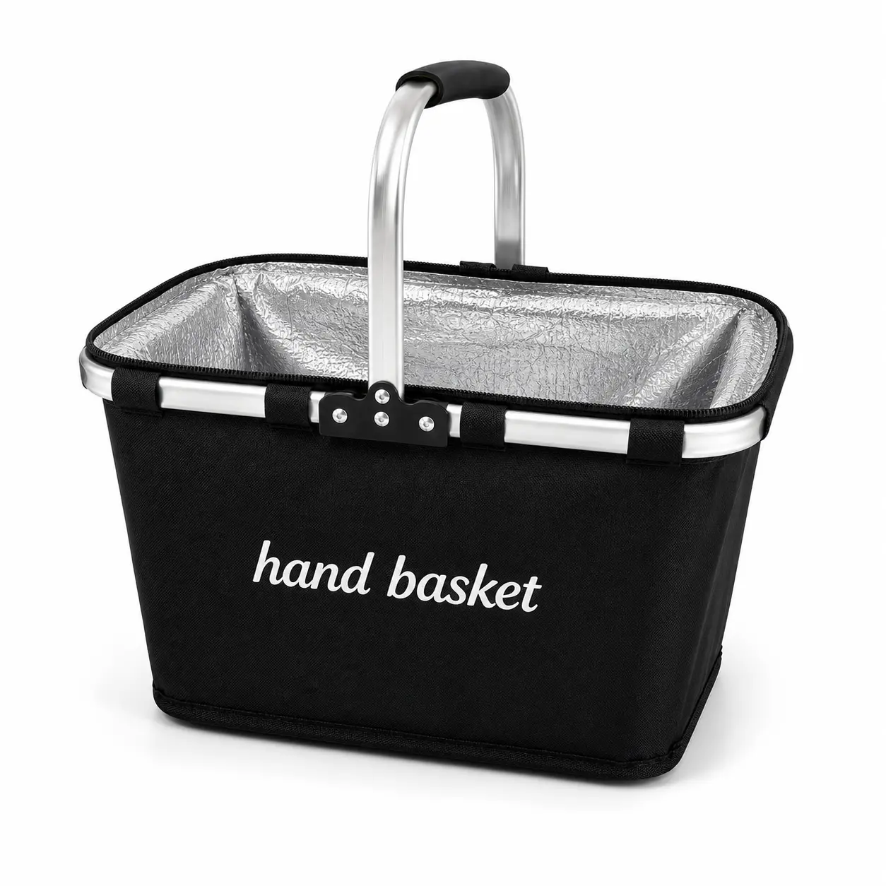 Foldable Aluminum Frame Basket with Large Zippered Side Pocket, Foldable Oxford Cloth Shopping Basket, Insulated Basket, Portable Picnic Basket, Hand Basket, Fast Food Basket, Supermarket Shopping Basket Non-Food Direct Contact