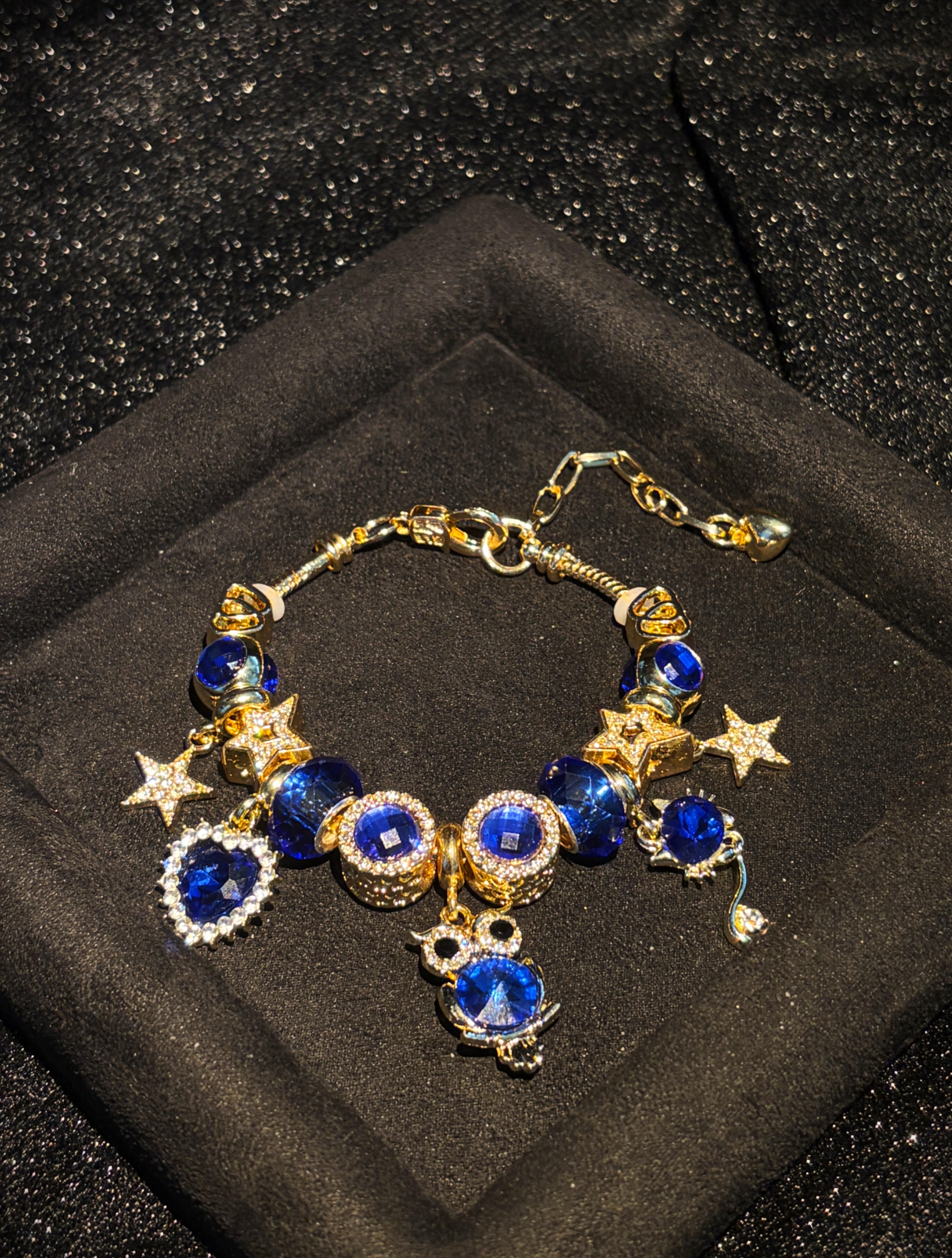 Women's Sparkly Blue Crystal Charm Bracelet - Gold-Tone Adjustable Snake Chain with Owl, Star, Heart Rhinestone Dangle Charms, Elegant Evening Party Jewelry Gift for Teen Girls Women's Sparkly Blue Crystal Charm Bracelet - Gold-Tone Adjustable Snake Chain with Owl, Star, Heart Rhinestone Dangle Charms, Elegant Evening Party Jewelry Gift for Teen Girls