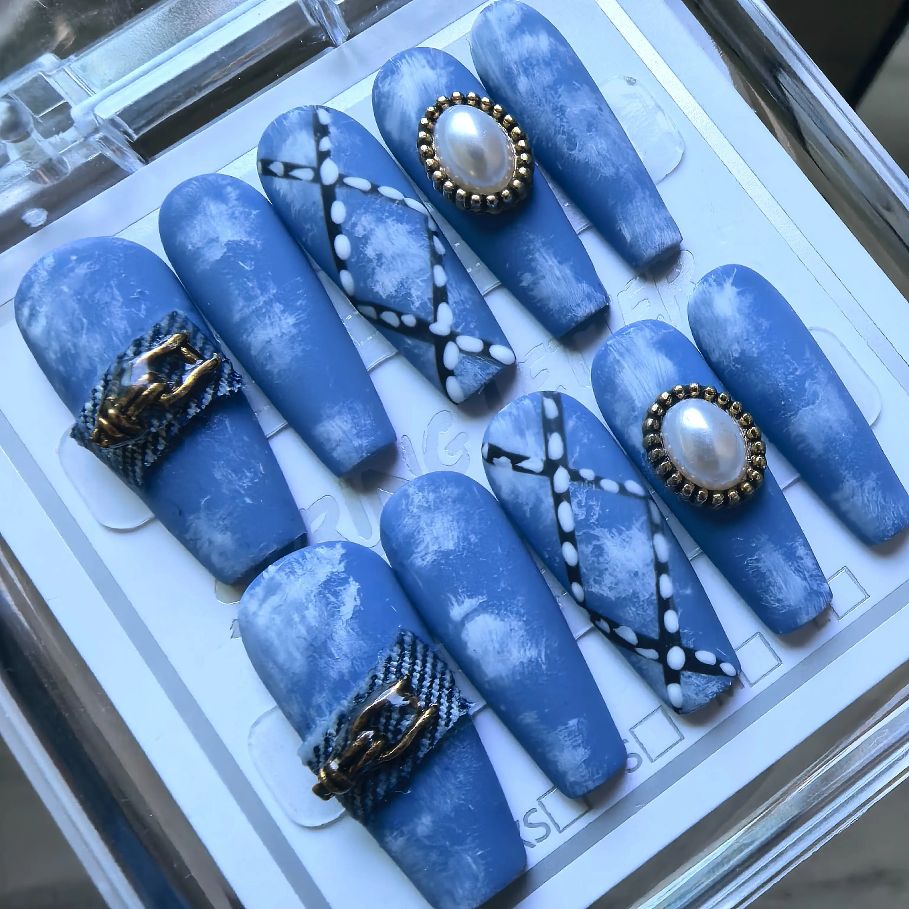 DENIM MUSE-Long Coffin Handmade  Press On Nails Washed Blue Jean Texture Reusable 10pcs Free Kit SPRINGLETTER NAILS