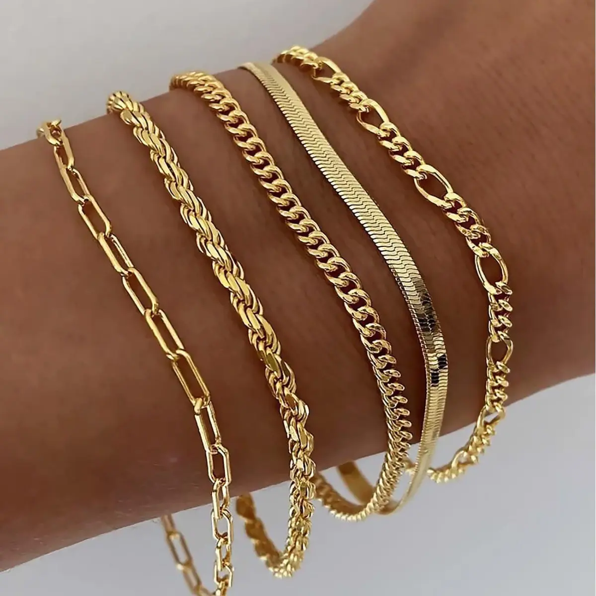 Women's 5Pcs Gold/Silver Stackable Chain Jewelry Set - Adjustable Link, Paperclip Chain Styles, Non-Tarnish Layered Costume Jewelry, Adjustable Link Bracelet, Link Bracelets Paperclip Chain Bracelet