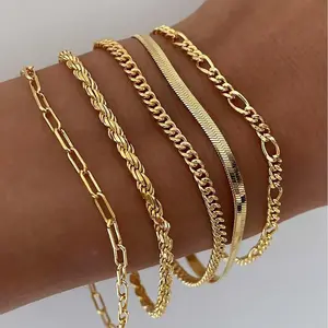 5Pcs Layered Metal Chain Bracelet Set, Fashion Minimalist Hand Jewelry, Versatile for All Outfits, Daily Commute Must-Have