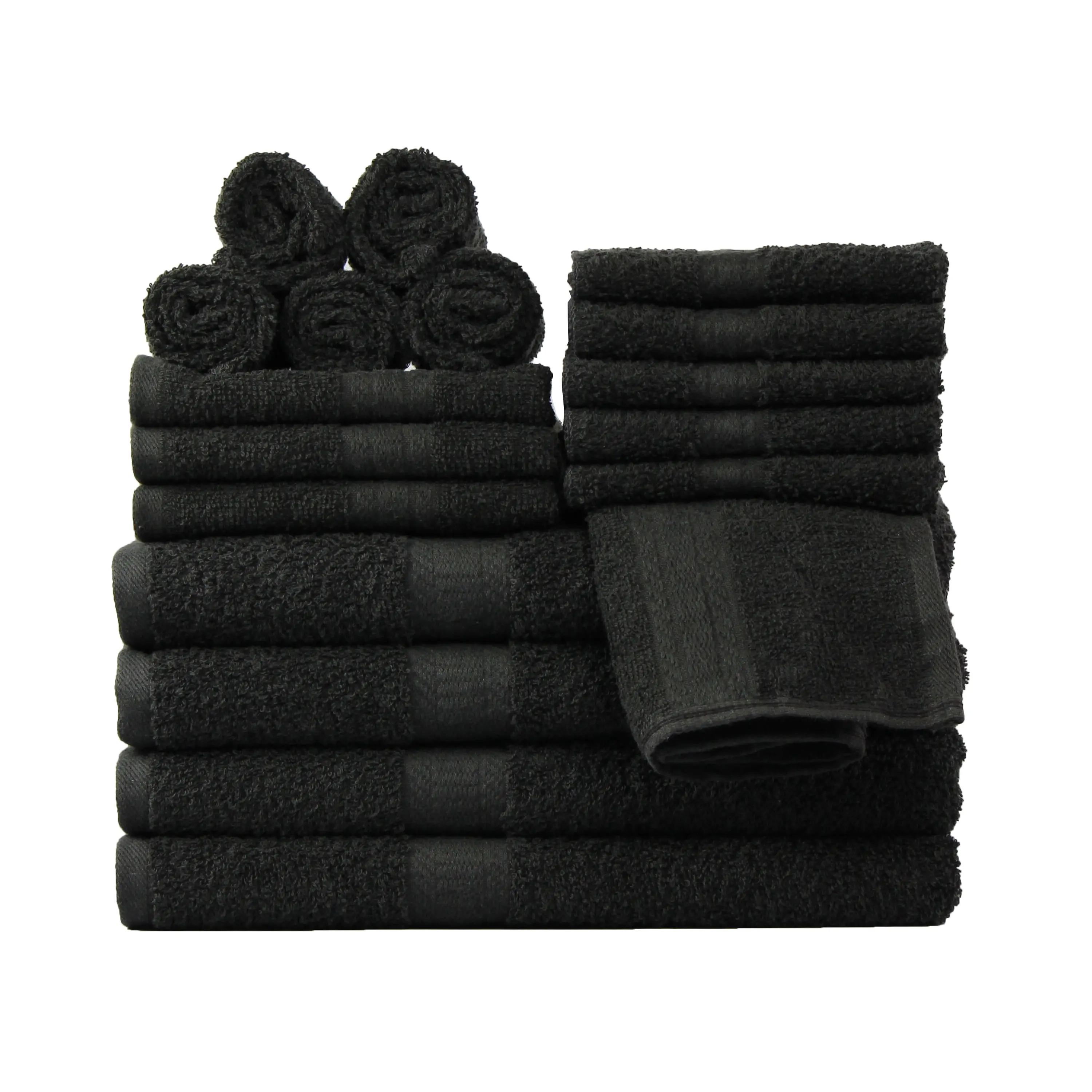 Mainstays 18 Piece 100% Cotton Towel Set, 4 Bath , 4 Hand and 10 Washcloths, Super Soft and Highly Absorbent Basic Solid Towel Set for Bathroom, Hotels, Spa and Gym – Black