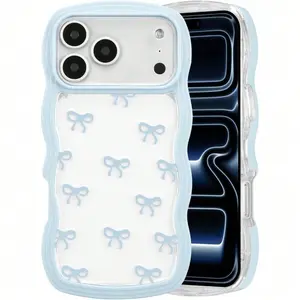 Blue Bow Case for IPhone 17 Pro Max/17 Pro/17 Air/17/16/15/14/13/12, Clear Cute Ribbon Bow Phone Case Curly Wavy Aesthetic Phone Cover, Slim Soft Transparent Shockproof Protective Cover for Women Girls