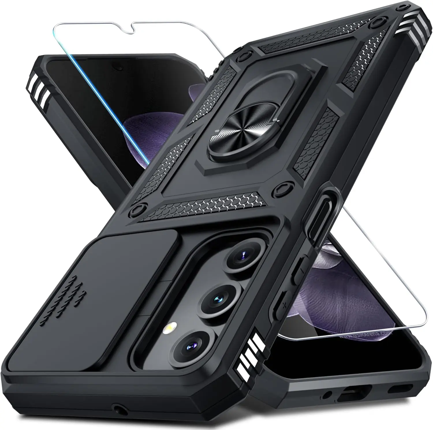 Compatible with Samsung Galaxy A16/A17/A37/A57 5G Rugged Phone Case – Full Body Heavy Duty Shockproof Protection with Built-in Slide Camera Lens Cover, Screen Protector, 360° Finger Ring Kickstand, Military Grade Drop Resistant Protective Cover