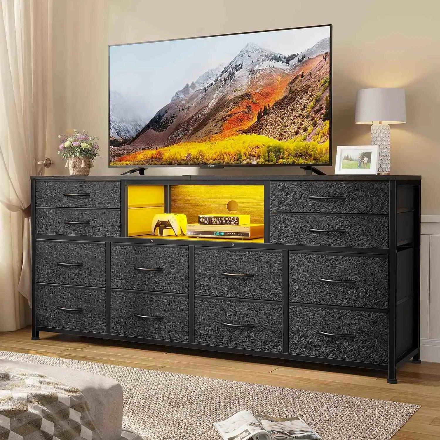 SIKAIC 55 Inch TV Stand with Power Outlets and USB-C, Black TV Console with LED Lights and PU Leather Storage Drawers for TVs up to 65 Inch