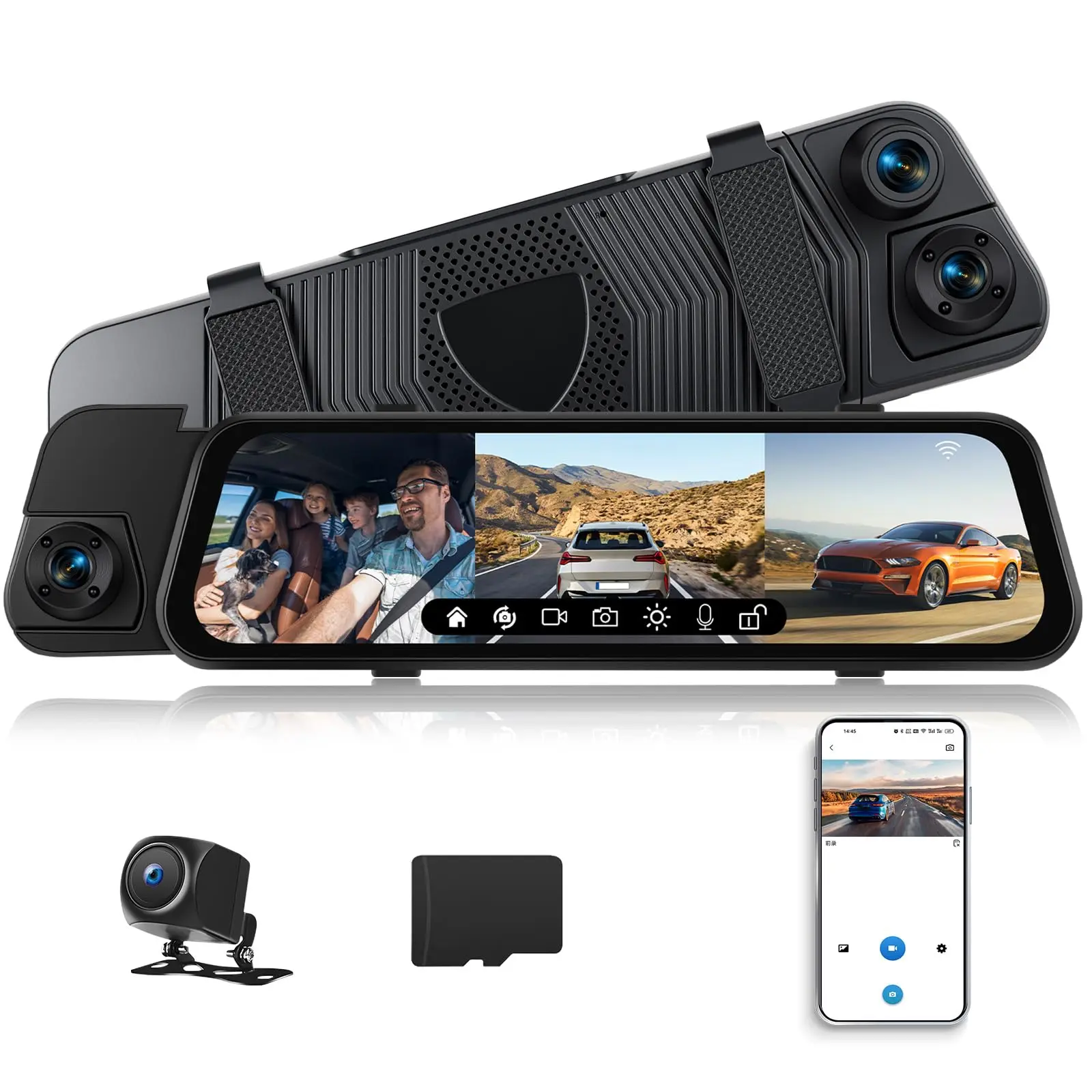 9.66in 3-Channel Automotive Dashcam for Cars, Car Rearview Mirror Dashcam with 1080p AHD Front/Rear/Inside Cameras, Night Vision, Advanced Sensors, Parking Aid, 24H Monitor, Waterproof, Wi-Fi App Control (Father's Day Gift)