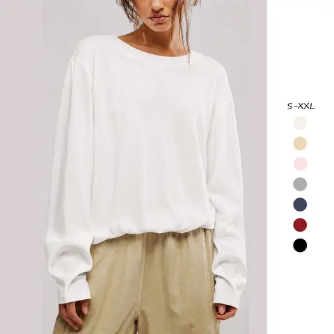 Women’s Cozy Oversized Crewneck Sweatshirt, Drop Shoulder Long Sleeve Pullover with Elastic Hem, Casual Solid Color Everyday Fall Top