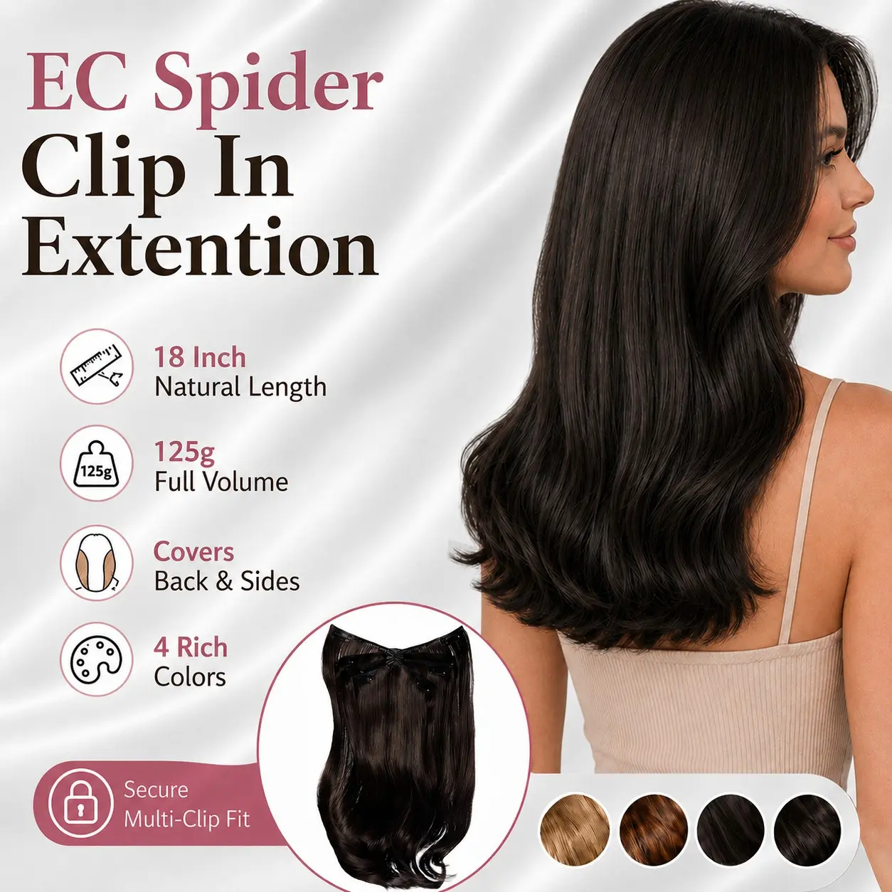EC 18in Spider Clip-In Hair Extension for Women, 125g Wide Coverage Volumizing Hairpiece for Thin Hair, Secure Multi-Clip Design for Natural Blend, Fuller Sides, Back Volume & Everyday Styling
