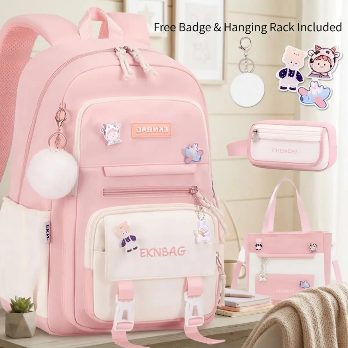 Cute Aesthetic Kawaii Backpack Set 3pcs for School Girls Teen Water Resistant Large Capacity Backpacks College Bookbag Travel Daypack Lunch Bag Pencil Case Sets Pins Accessories Cute School Supplies Back to School Gifts Aesthetic Y2K Preppy Bag