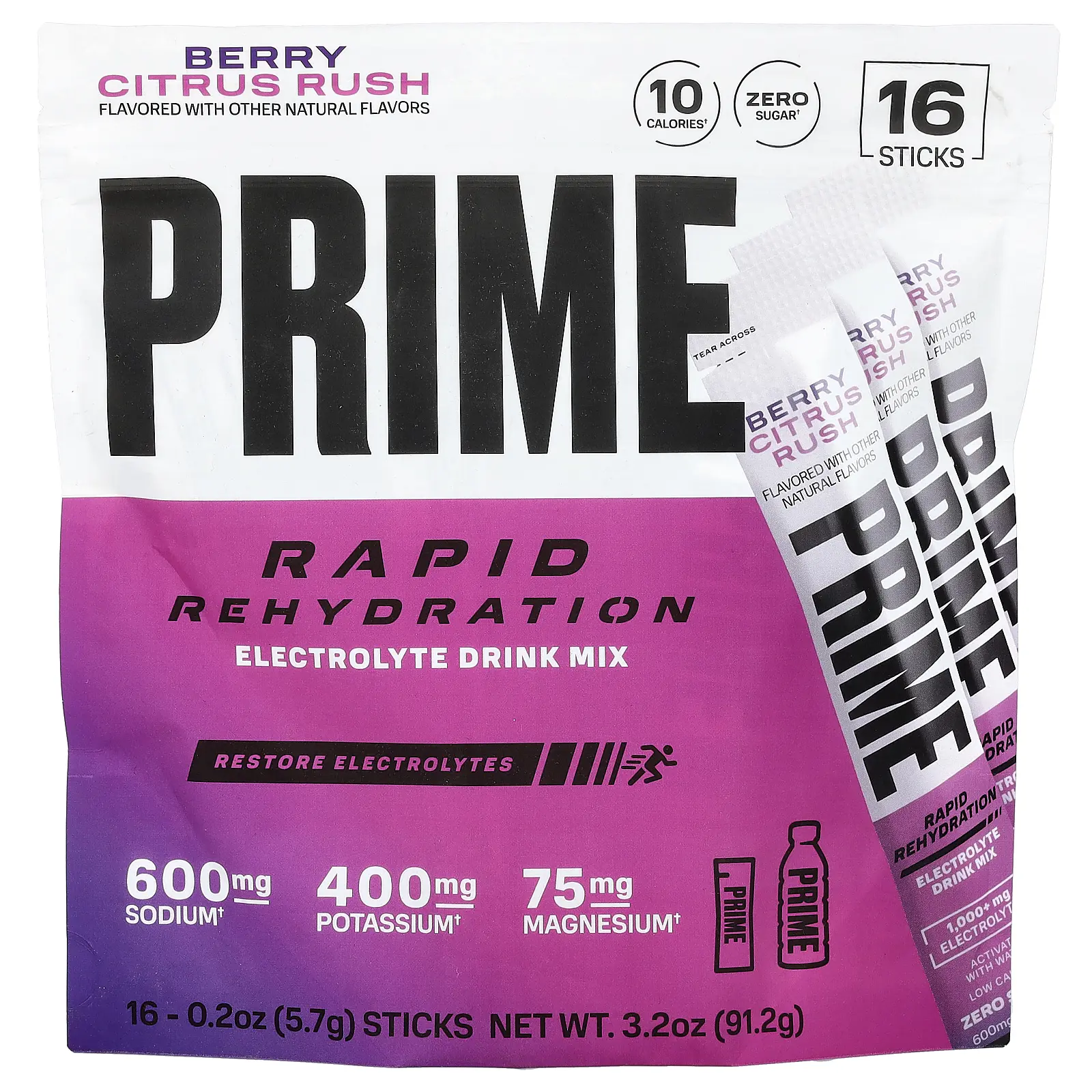 Prime Hydration Rapid Rehydration, Electrolyte Drink Mix, Berry Citrus Rush, 16 Sticks, 0.2 oz (5.7 g) Each