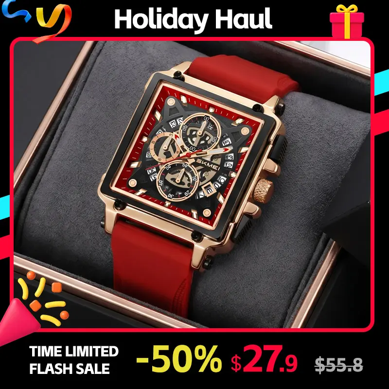 SKMEI Men's Rectangle Cyberpunk Style Analog Quartz Watch - Fashionable Casual Trendy Wristwatch with Rose Gold Details, Green Silicone Strap, 30M Water Resistance, Fashionable Watch, Multifunctional Watch