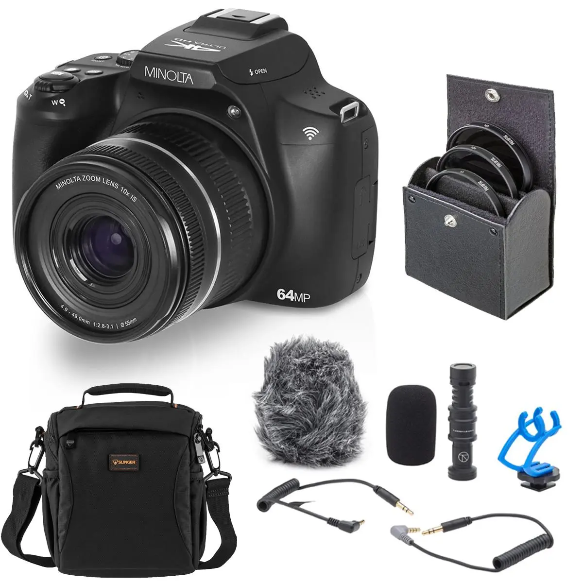 Minolta MNB10Z 64MP Portable Smart Autofocus Point & Shoot Digital Camera (Black) - Bundle with Shotgun Microphone, 49mm Filter Kit, Shoulder Bag, Point & Shoot Cameras, Portable Digital Point & Shoot Cameras