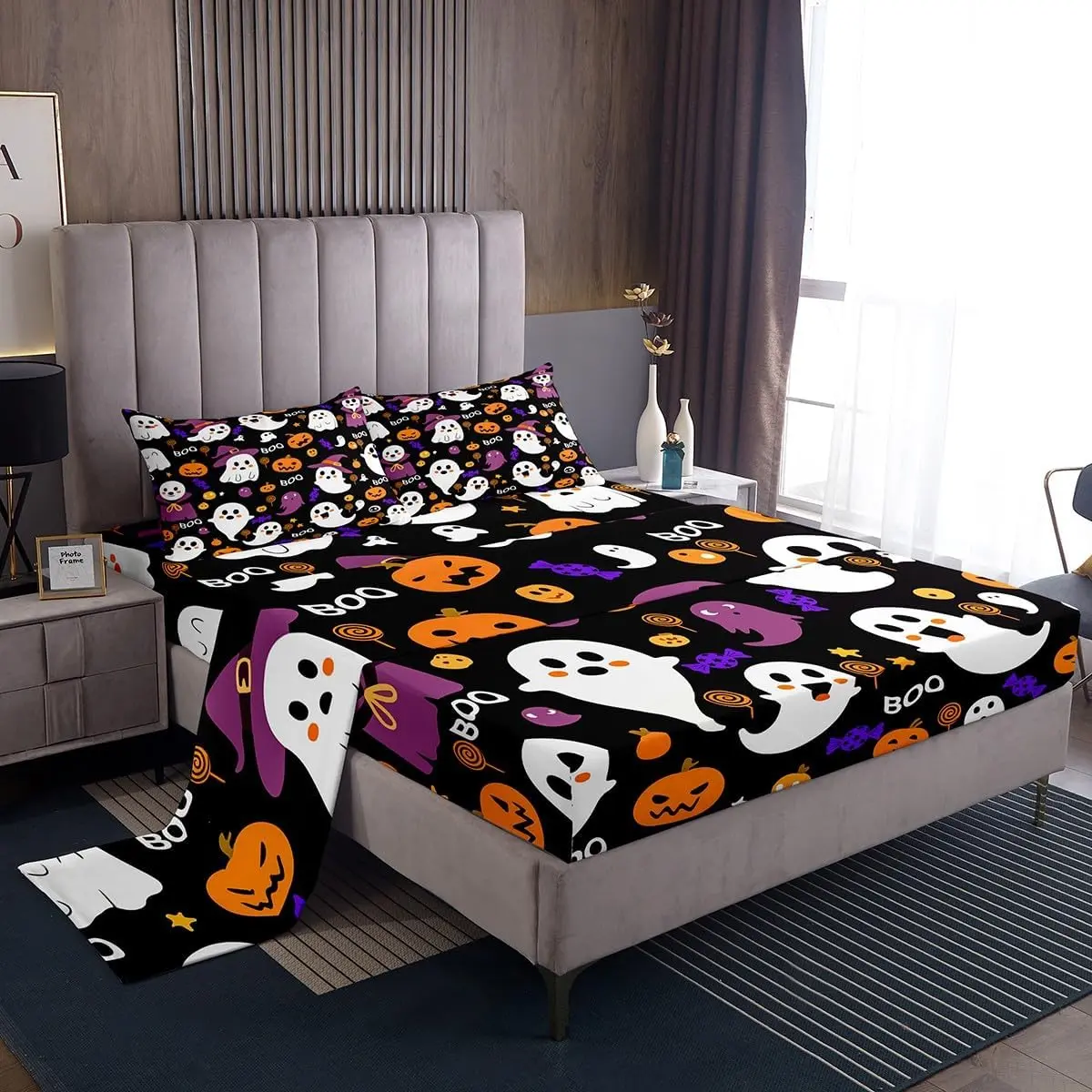 Feelyou Cartoon Halloween Cute Ghost Print Bedsheet Set - Black Purple Kawaii Bedding Set with Soft Breathable Sheets, Decorative Fitted Sheet Collection, Bedsheet Sets