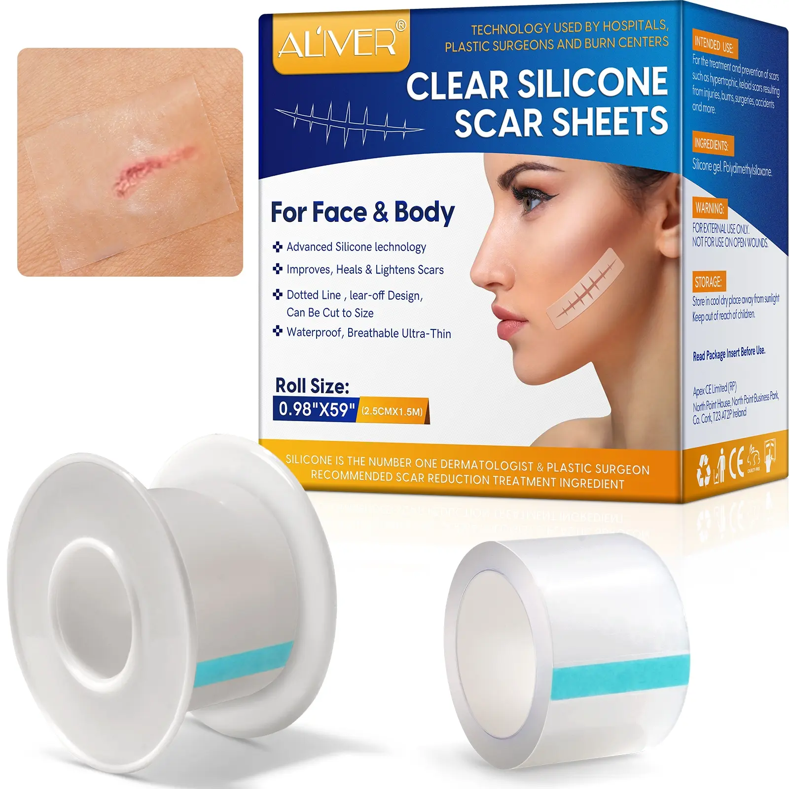 Aliver Facial Scar Removal Tape Roll, 0.98"x59" (2.5cmx1.5m), Clear Invisible Skin Care Patch for Acne Scars & Blemishes Treatment, Silicone Scar Tape, Silicone Scar Sheets