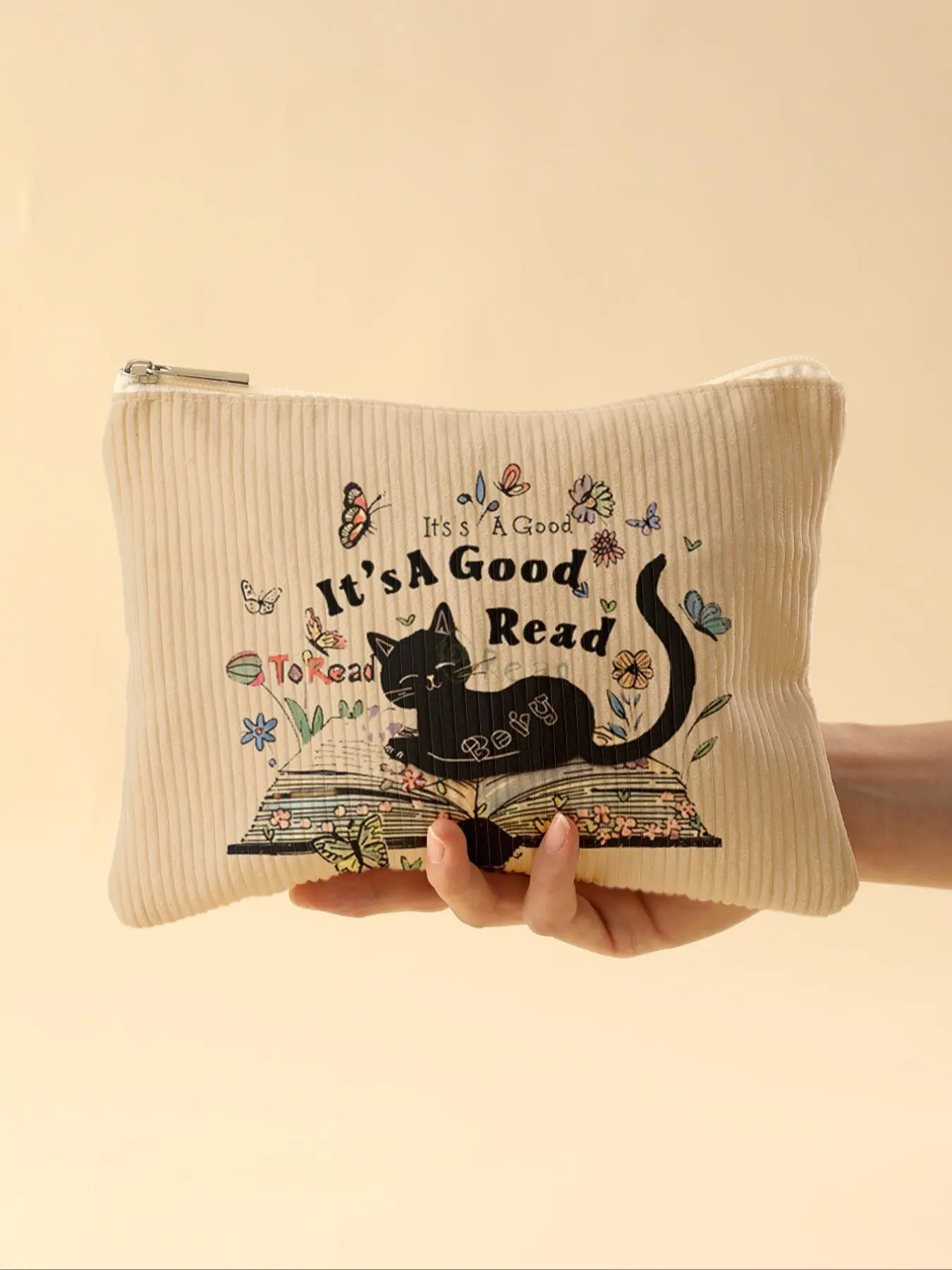Cat & Book Pattern Corduroy Makeup Bag, Lightweight Zipper Makeup Organizer, Multifunctional Makeup Bag for Toiletries and Accessories, Makeup Pouch, Makeup Storage Bag, Cosmetic Pouch, Makeup Organizer Pouches