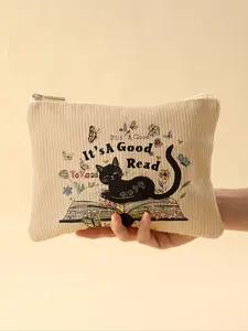 Cat & Book Pattern Corduroy Makeup Bag, Lightweight Zipper Makeup Organizer, Multifunctional Makeup Bag for Toiletries and Accessories, Makeup Pouch, Makeup Storage Bag, Cosmetic Pouch, Makeup Organizer Pouches