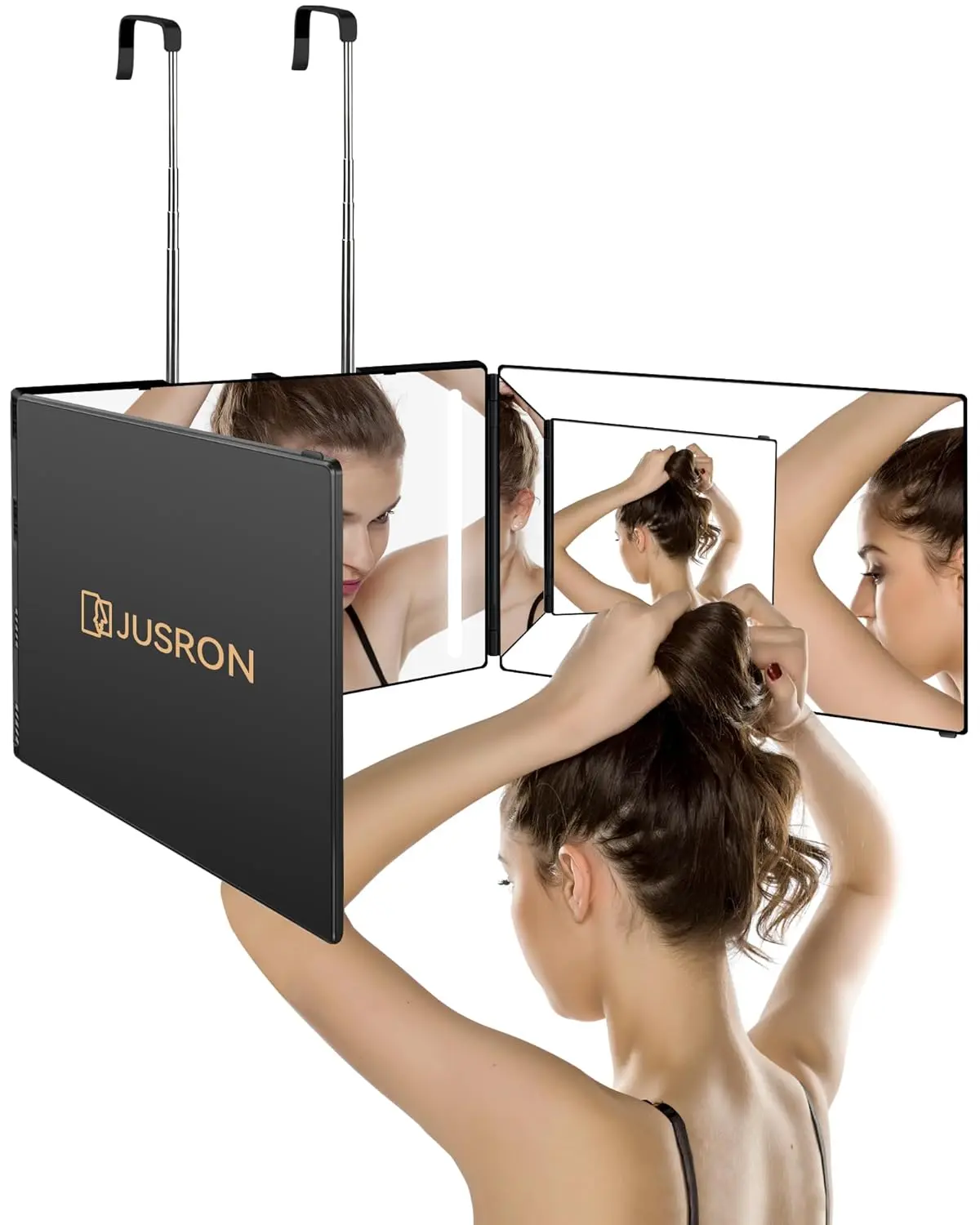 Deals For You Days！JUSRON 360° Trifold Barber Mirror, Self Haircut Mirror with Adjustable Hooks, Portable 3-Way Mirror for Men or Woman, Easy Fade & Neckline Trimming