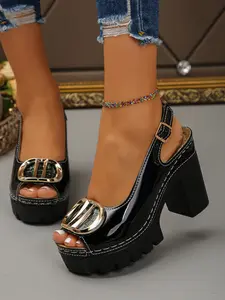 Vintage Metal Buckle Thick Sole Platform Heeled Rubber Chunky Heel Sandals, Fish Mouth Design Back Strap High Heels for Women, Retro Style Summer Shoes Stylish