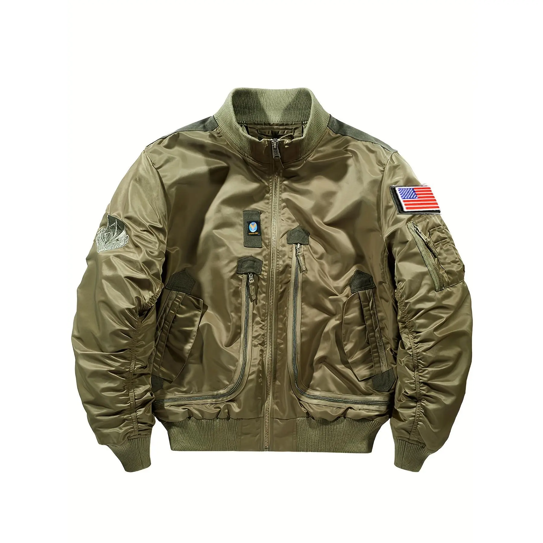 Men's Solid Color Stand-Collar Polyamide Woven Tactical Bomber Coat - Full Zipper Spring Casual Tops for Outdoor Activities