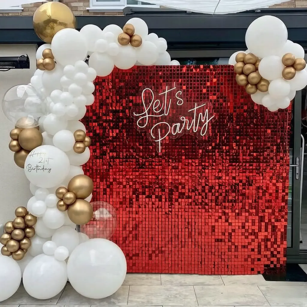 KEQU 4*6 ft, sparkling red background wall decoration, 24pcs sequin panels, used to decorate banners and decorations for birthdays, New Year's, Valentine's Day, Christmas, anniversaries, weddings, engagements, and Easter parties.
