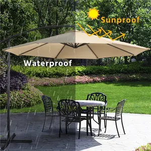 【No Base & Solar 32 LED Lights Umbrella 】Yaheetech 10FT Solar Offset Umbrella, Handy Crank & Cross Base for Outdoor Use, Ideal for Lawn, Deck, Backyard, Pool