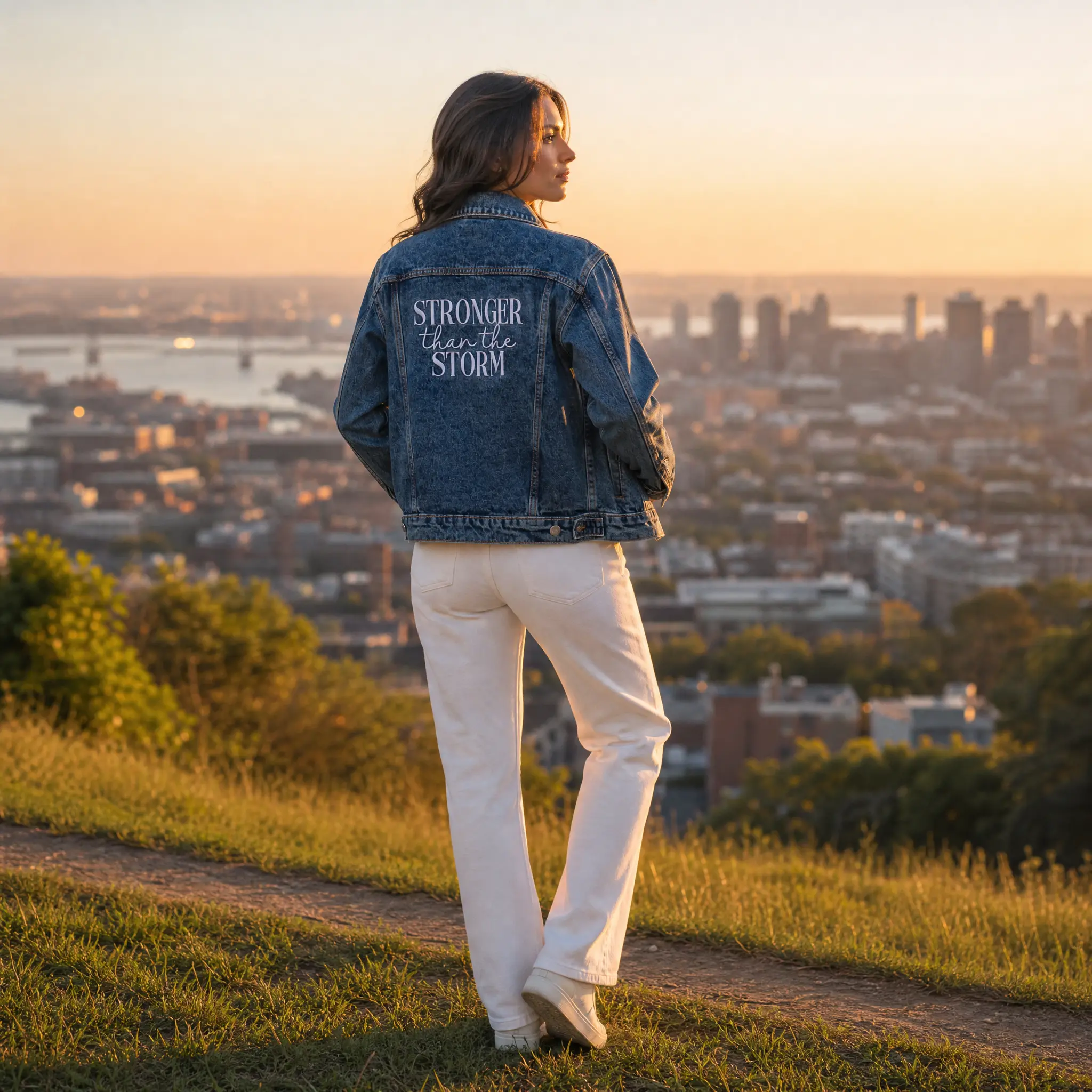 Love in Faith Women's Denim Jacket - Embroidered Vintage Wash, Fitted Long Sleeve, Casual Rock Style, Medium Length, All-Season Tops, Button Front, Pockets, Back Waist Tabs, Dress-Compatible Womenswear