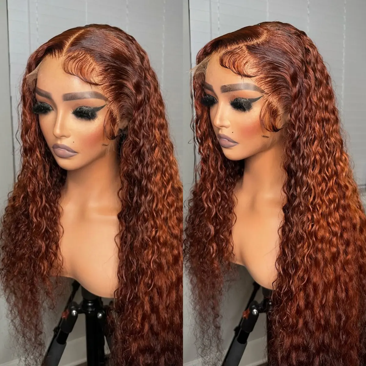 Trendy Ginger Copper Brown Color Deep Curly Long Synthetic Lace Front Wig Free Part Curly Wig For Women Pre Plucked Glueless Lace Frontal Wig Soft Fluffy Voluminous Heat Resistant Synthetic Hair Easy Install Beginner Friendly For Daily Wear Part outdoorfu