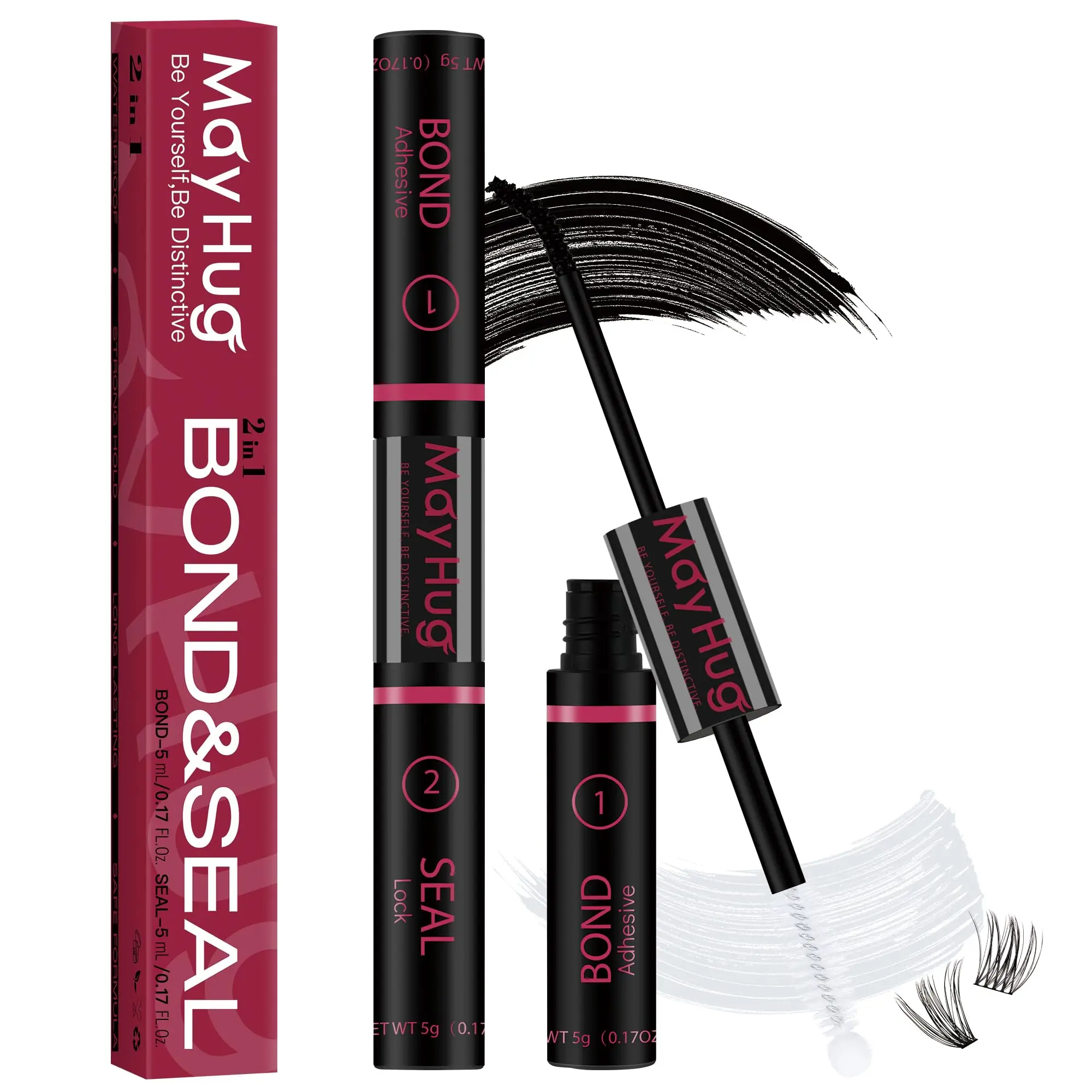 Lash Bond and Seal Waterproof Lash Glue Long Lasting 72H Strong Hold Eyelash Glue for Clusters 2 in 1 Adhesive and Sealant DIY Lash Extension (5ml+5ml)