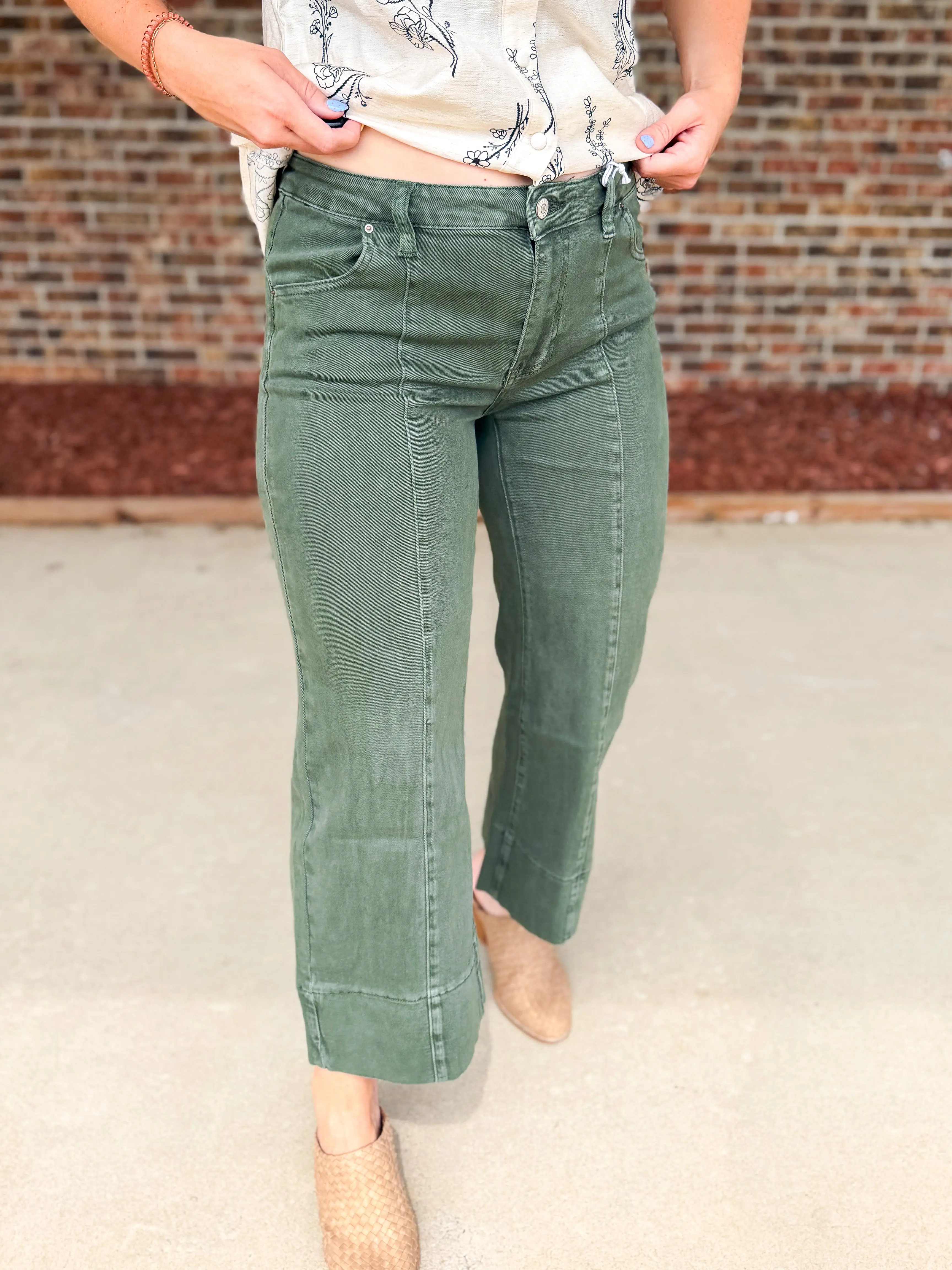 Zenana Mid Rise Wide Leg Color Denim Pants, Dark Olive
