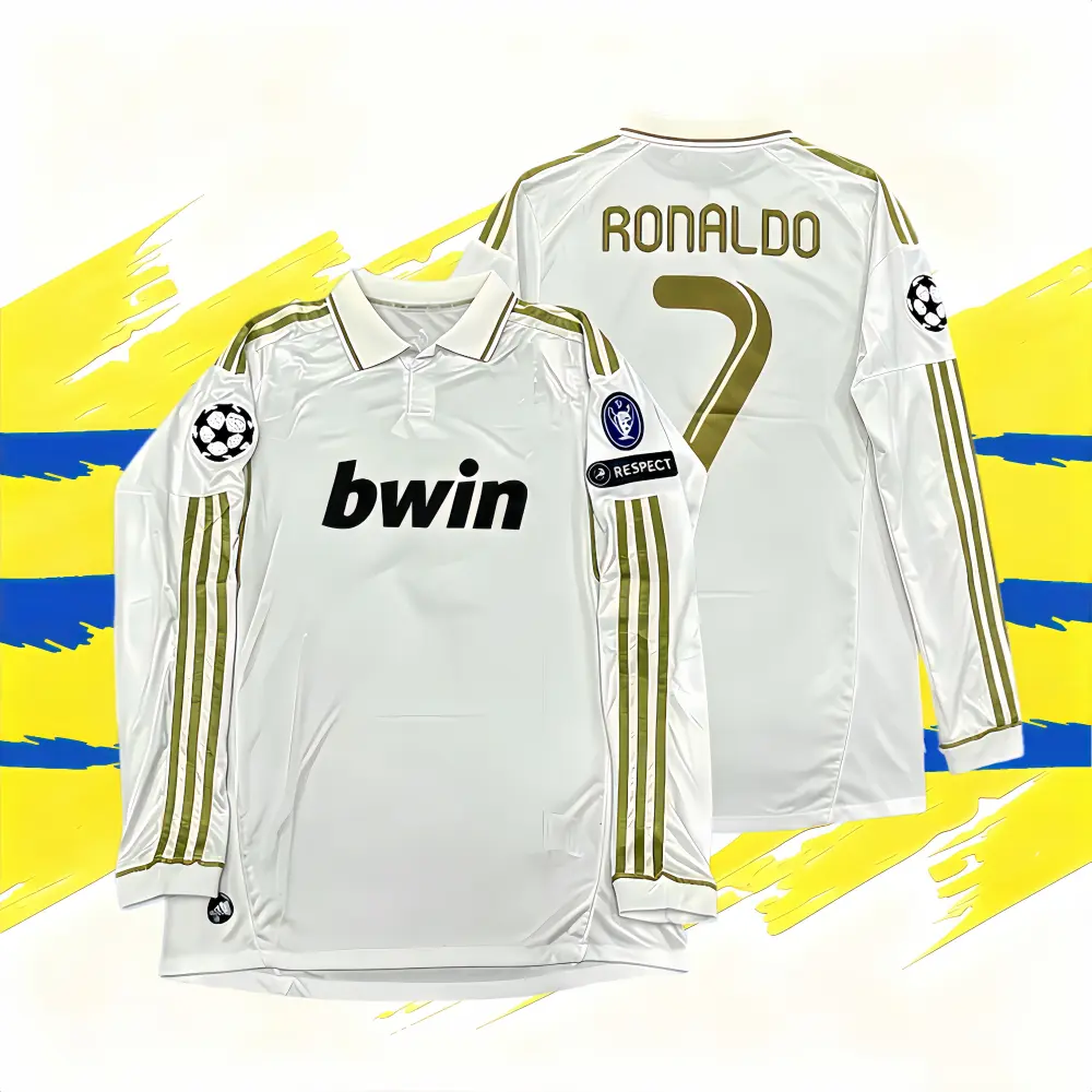 2011/12 Home No. 7 Ronaldo Retro White and Gold Trimmed Long-Sleeved Fan Edition Jersey