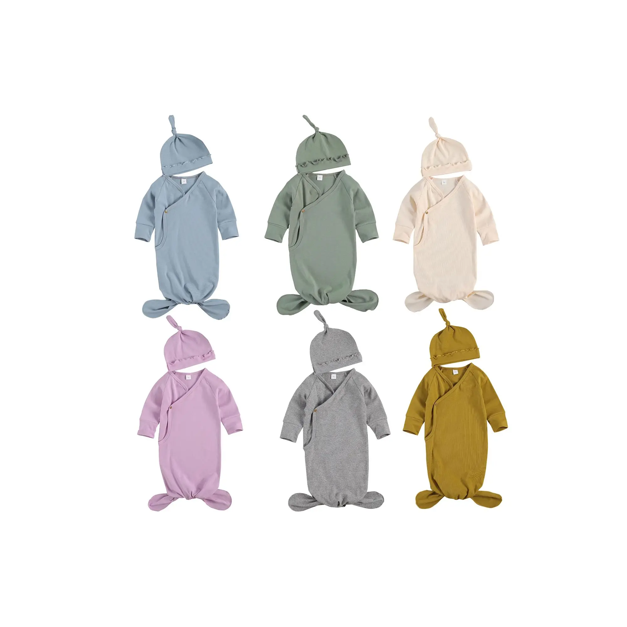 Ma&Baby Unisex Newborn 2Pcs Pajamas Set Nightgowns with Hat Baby Solid Long Sleeve Romper Infant Knotted Sleep Gown