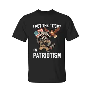 Funny Raccoon I Put The Tism in Patriotism USA Retro T-Shirt - Soft 100% Cotton Graphic Tee for Men & Women - Comfortable Crew Neck Short Sleeve Tee