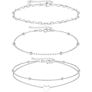 FINREZIO 3Pcs Stainless Steel Ankle Bracelets Set for Women Girls Silver Anklet Bead Heart Chain Ankle Bracelet Double Laye Anklet Heart Pendant Anklet Dainty Anklet Adjustable Daily Jewellery Charms bracelet charm bracelet charm bracelets