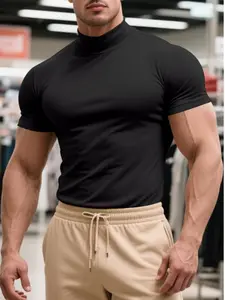 Men's Summer Outfits Solid Color Turtleneck Sports Tee for Daliy Wear, Gym Wear Regular Fit Sporty Short Sleeve T-Shirt Sports Tops for Gym Workout Running, Men's Sport & Outdoor Clothing for All Seasons