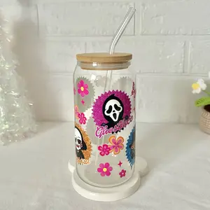 Cute Horror Halloween Glass Cup Tumbler with Lid and Straw | 20 oz