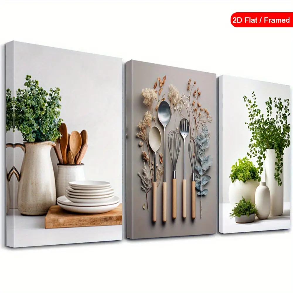 3-Piece Framed Cozy Kitchen Wall Art, Minimalist Dining Room Canvas Wall Painting, Plant-Themed Art Print, Nature-Inspired Wall Decoration For Home Decor, Modern Poster, Suitable For Living Room, Bedroom, Bathroom, Kitchen, With Frame [2D Flat], 2D Flat,