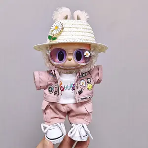 Labubu Doll Clothes Set 6PCS GD Style – Fashion Straw Hat, Glasses, Denim Outfit, T-shirt, Canvas Shoes Accessories (Labubu Not Included)