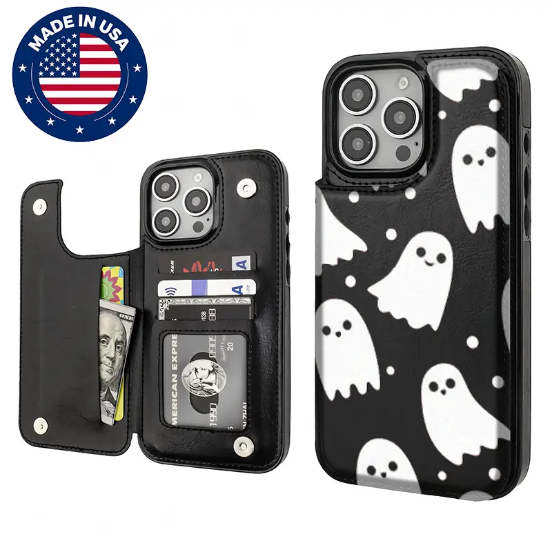 Halloween Cute Pattern Ghost Aesthetic Custom-Fit Protective Smartphone Casing for iPhone 16/15/14/13/12 Plus Pro Max, Multi-Model TPU-PU Leather Cover with Card Holder, Vintage Polycarbonate Drop Shock Anti-Scratch Flexible Shell Accessory