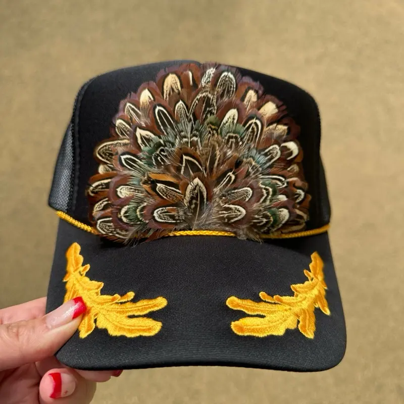 Otto Western Feather Crown Trucker Hat Black and Yellow - 1970s Inspired Semi-Structured Foam Hat with Unique Feather Design Snap Closure & Curved Visor