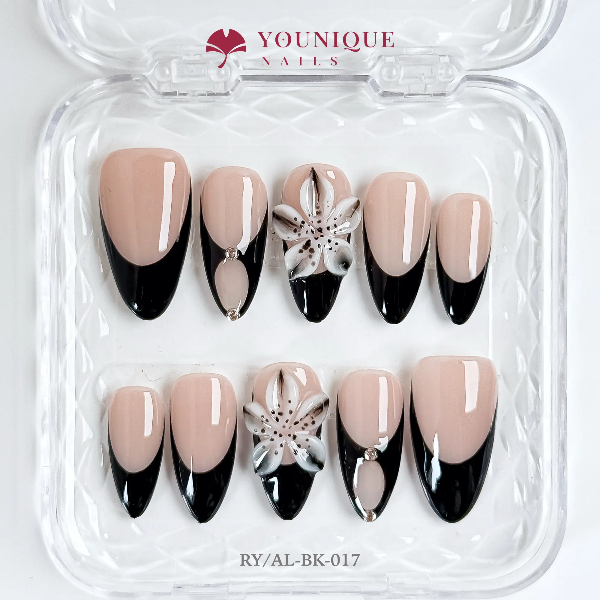 Younique Nails | RY Studio | Noir Blossom | 10PCS 100% Handmade Press-On Nails | Reusable Colorful Art