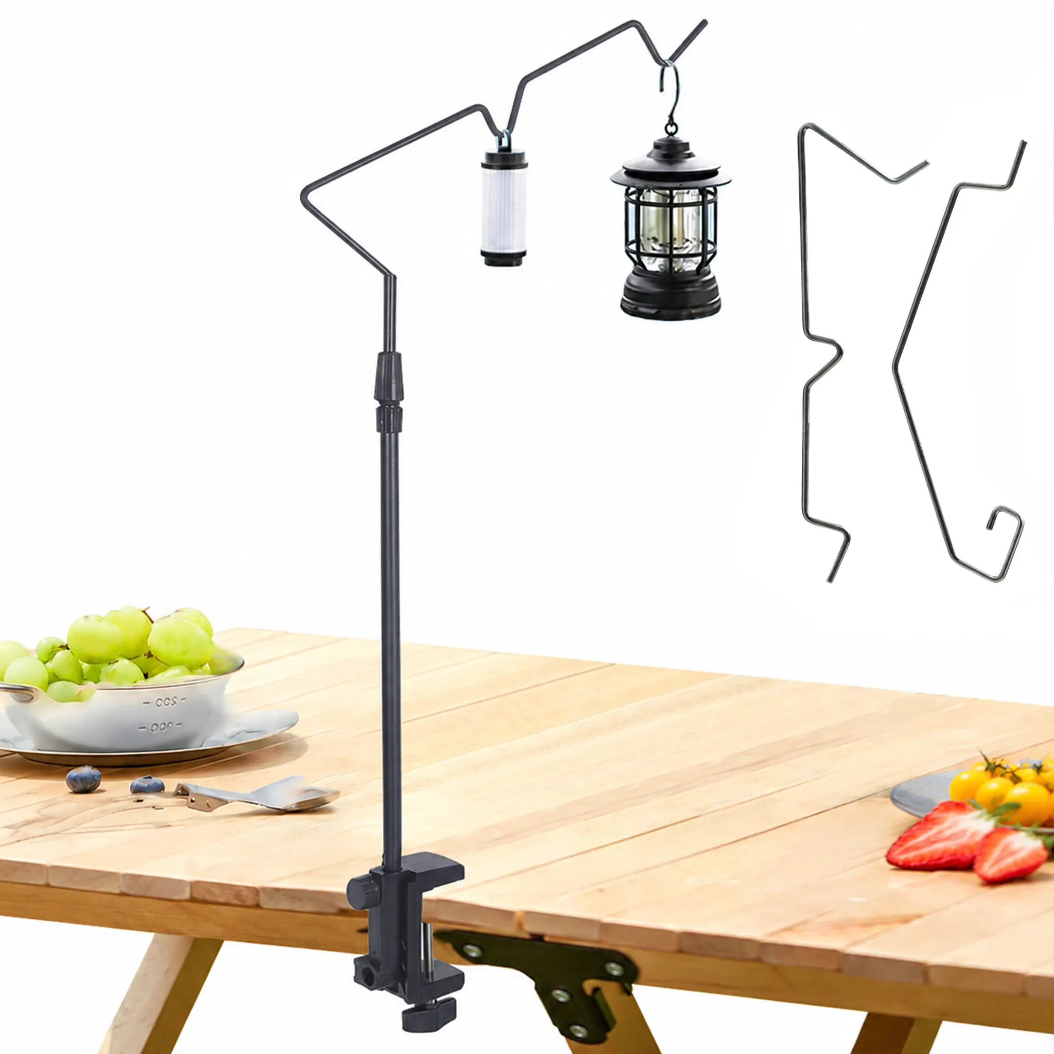 Metal Lantern Stand, Foldable & Adjustable Portable Mount with Clamp Base & Metal Hooks, Compact Portable Lantern Accessories for Outdoor Camping & BBQ, Campfire / Bbq Party, None